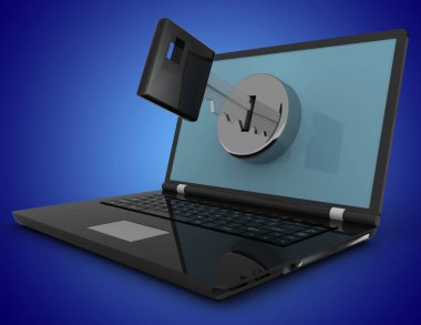 Laptop ve anahtar, güvenlik concept.3d illüstrasyon