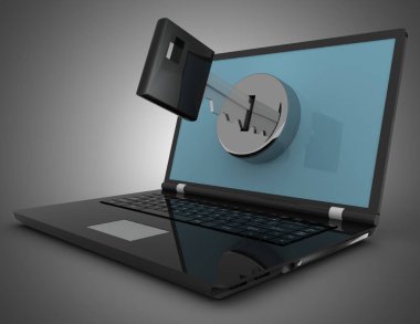 Laptop ve anahtar, güvenlik concept.3d illüstrasyon