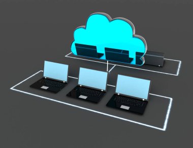 3D laptop ve bulut. 3D çizim