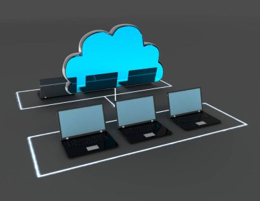 3D laptop ve bulut. 3D çizim