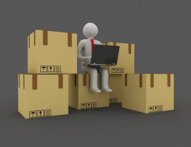 3D kişi ve karton kutuları. 3D çizim