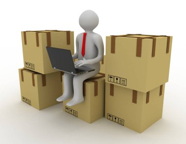 3D kişi ve karton kutuları. 3D çizim