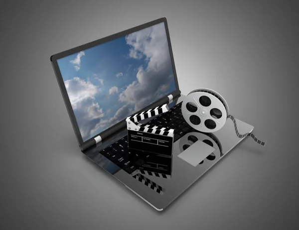 Laptop com rolo de filme. ilustração 3d — Fotografia de Stock