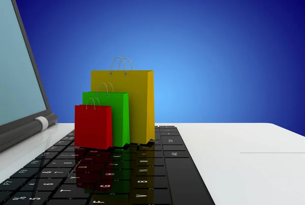 Καλάθι lap-top και τσάντα για ψώνια. 3D απεικόνιση — Φωτογραφία Αρχείου