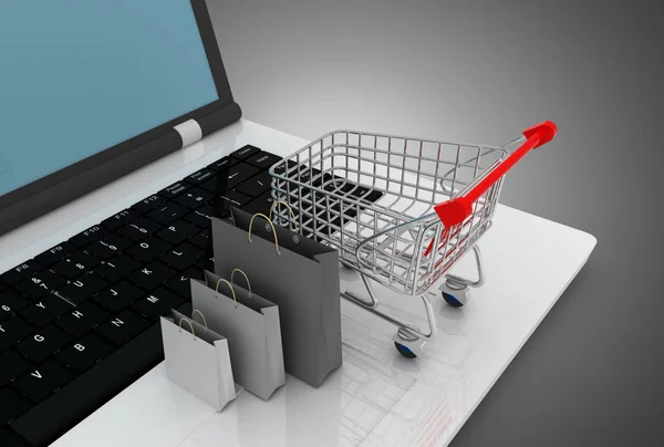 Carro del ordenador portátil y bolsa de compras. ilustración 3d — Foto de Stock