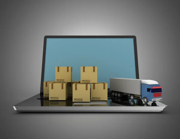 3d conceito logístico. Camião e portátil. Ilustração 3d 3 — Fotografia de Stock