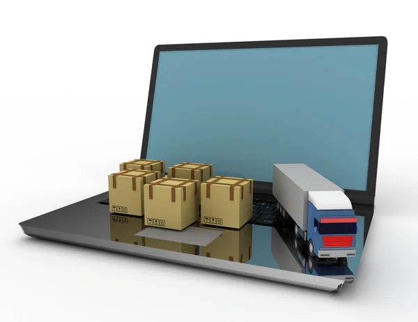 3d conceito logístico. Camião e portátil. ilustração 3d — Fotografia de Stock