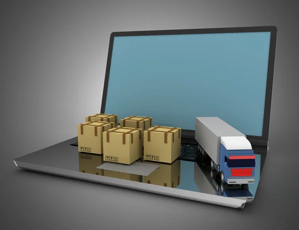 3d логистическая концепция. грузовик и ноутбук. Трехмерная иллюстрация — стоковое фото