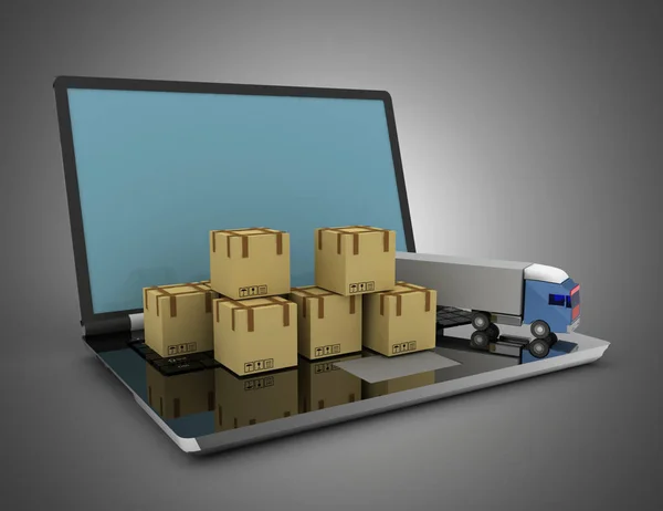 3d логистическая концепция. грузовик и ноутбук. Трехмерная иллюстрация — стоковое фото