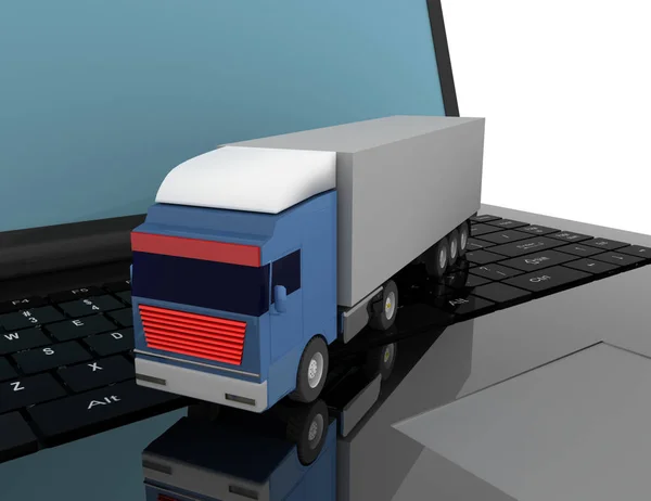 3d логистическая концепция. грузовик и ноутбук. 3d иллюстрация — стоковое фото
