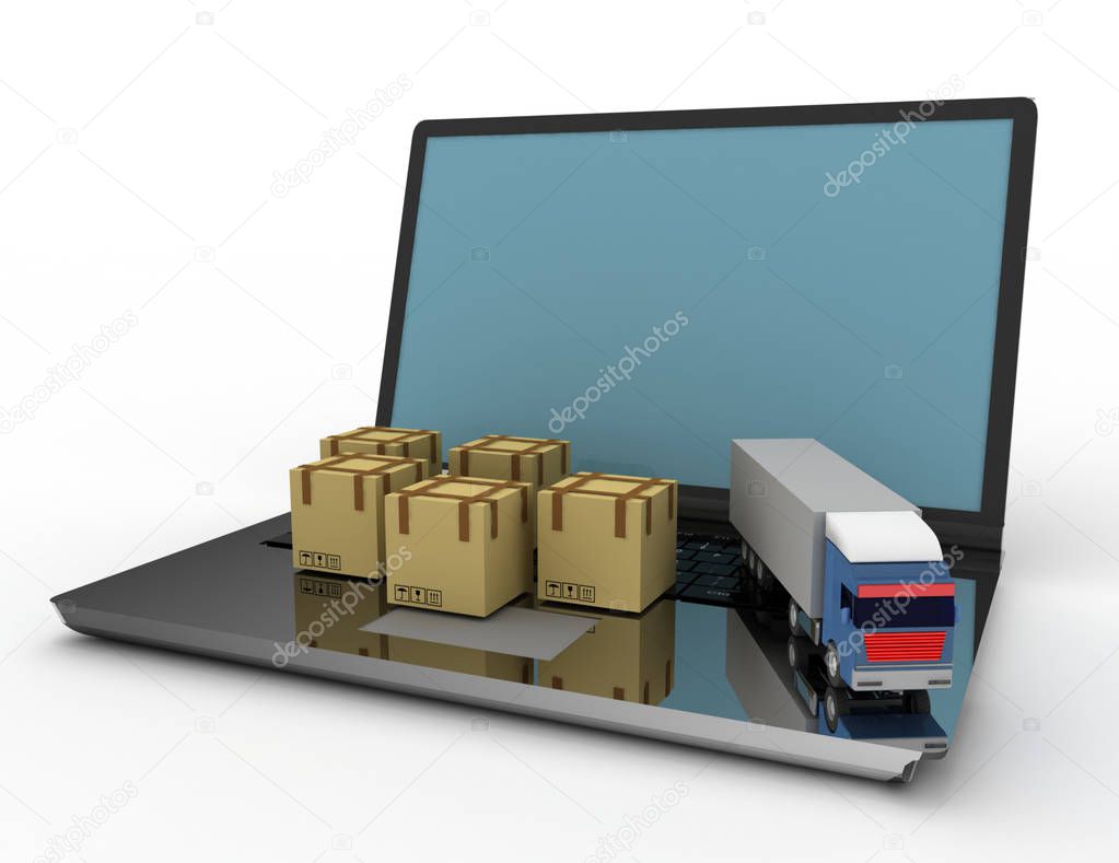 3d logistic concept. truck and laptop . 3d illustration