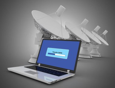 dizüstü bilgisayar ve uydu dish. internet kavramı. 3d illüstrasyon