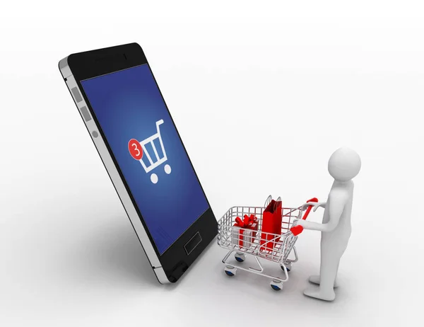3d homem com carrinho e smartphone.online conceito de compras. illu 3d — Fotografia de Stock