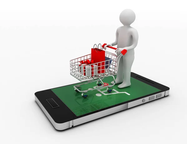 3D man met winkelwagen en smartphone. onlineshopping concept. 3D klok — Stockfoto