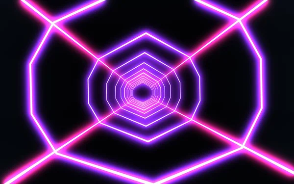 Tunnel neon 3D con luce al neon. Illustrazione 3d — Foto Stock