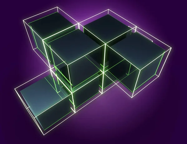 3D abstracte kubussen achtergrond met neonlichten. 3D-illustratie — Stockfoto