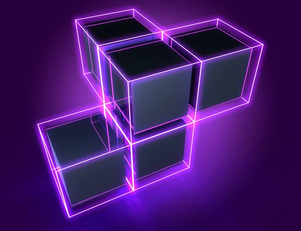 3D abstrakte Würfel Hintergrund mit Neonlicht. 3D-Illustration — Stockfoto