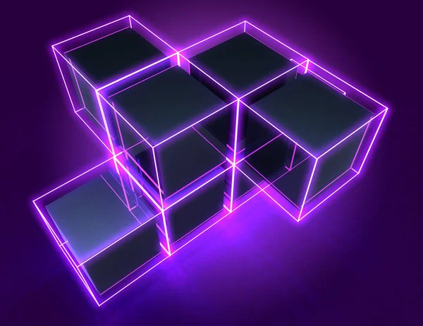 3D abstrato cubos de fundo com luzes de néon. ilustração 3d — Fotografia de Stock