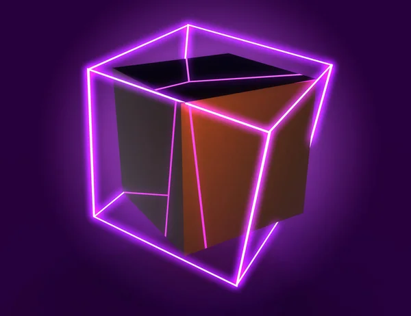 3D abstract cubes background with neon lights . 3d illustration