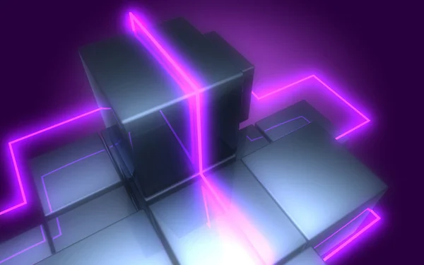 3D abstract cubes background with neon lights . 3d illustration3