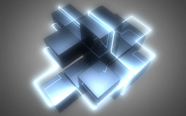 3D абстрактні кубики фону з неоновими вогнями. 3d ілюстрація — стокове фото