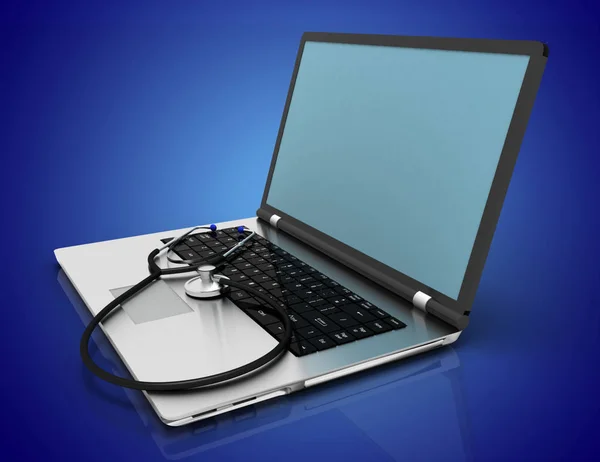 Laptop i stetoskop. koncepcji naprawy serwisowej. ilustracja 3D — Zdjęcie stockowe