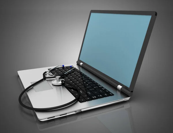 Laptop i stetoskop. koncepcji naprawy serwisowej. ilustracja 3D — Zdjęcie stockowe