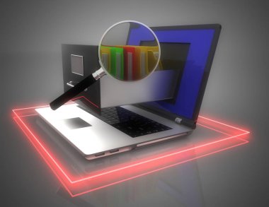 Veri depolama. dizüstü bilgisayar ve dosya dolabı. 3d illüstrasyon