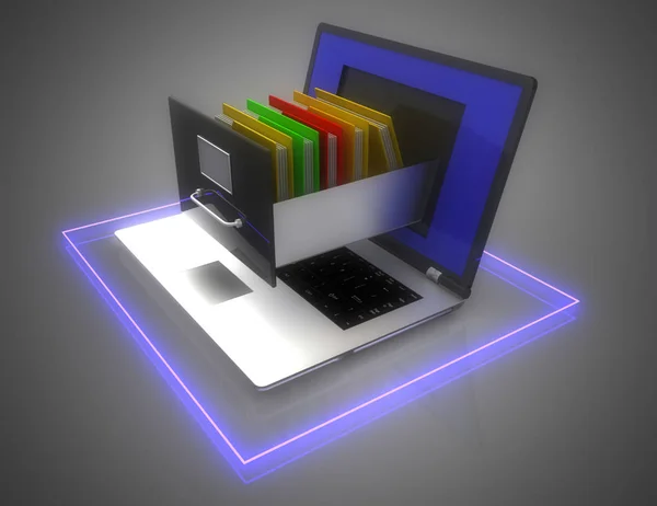 Gegevensopslag. laptop en bestands kast. 3D-illustratie — Stockfoto