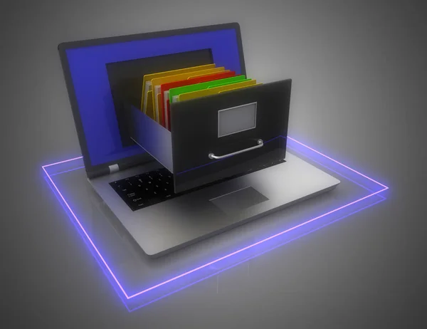 Data lagring. laptop och arkivskåp. 3D-illustration — Stockfoto