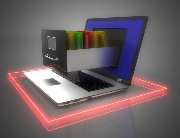 Gegevensopslag. laptop en bestands kast. 3D-illustratie — Stockfoto