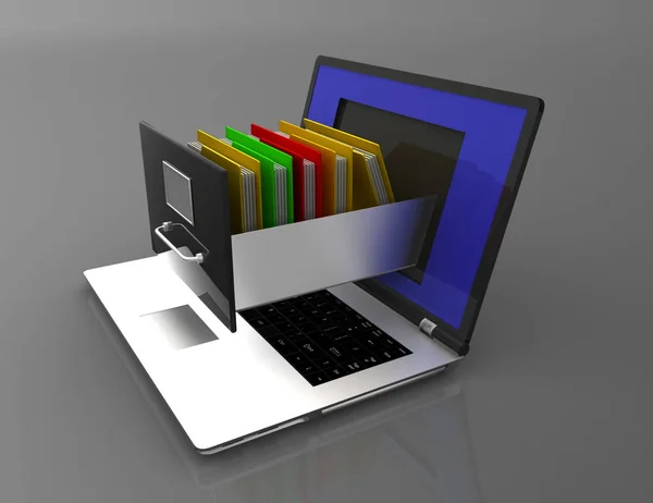 Хранение данных. ноутбук и шкаф. 3d иллюстрация — стоковое фото