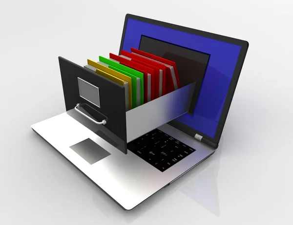 Data storage. laptop and file cabinet. 3d illustration