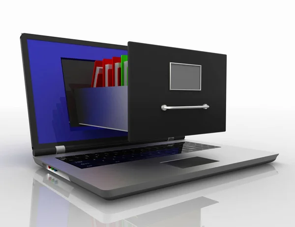 Gegevensopslag. laptop en bestands kast. 3D-illustratie — Stockfoto