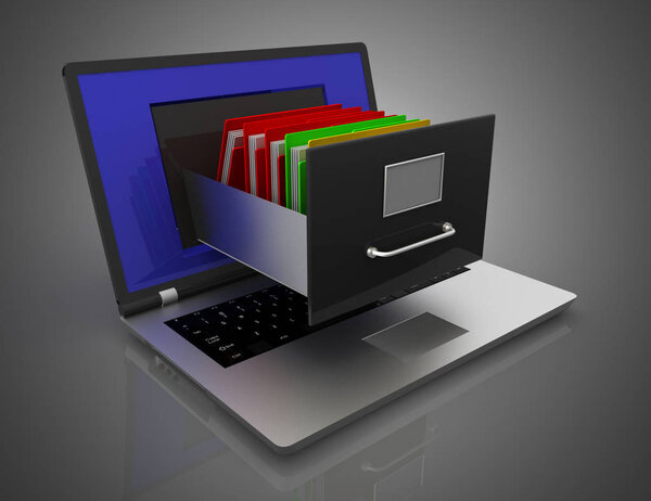Data storage. laptop and file cabinet. 3d illustration