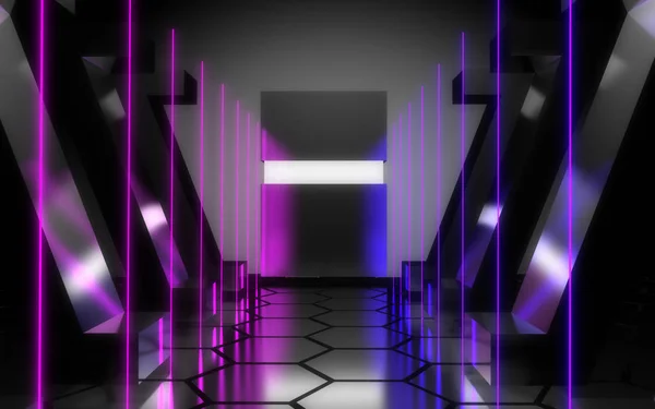 3D abstrakte Neon-Raum. Alien-Reaktor. Raumschiff. Rechenzentrum — Stockfoto