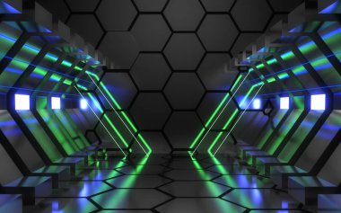 3D soyut Neon oda. uzaylı reaktörü. Uzay gemisi. Datacenter CONC