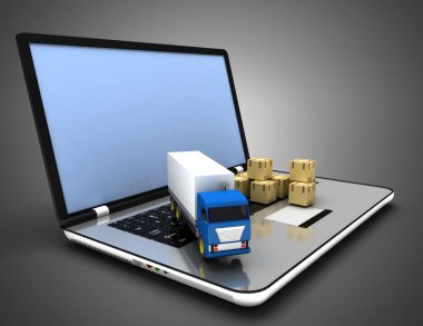 3d lojistik kavramı. kamyon ve dizüstü bilgisayar. 3d illüstrasyon