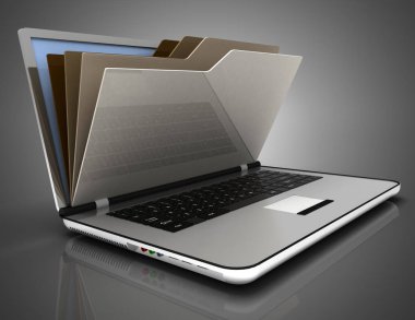 Veritabanında Dosya - dizüstü bilgisayar ve klasörler.3d illüstrasyon
