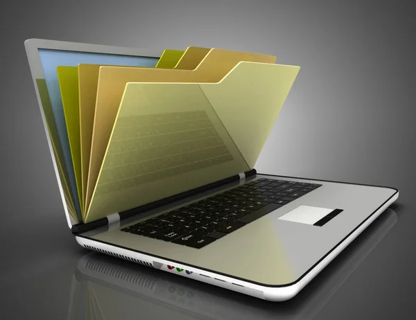 Bestand in database-laptop en folders. 3D-illustratie — Stockfoto