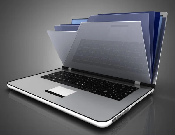 Bestand in database-laptop en folders. 3D-illustratie — Stockfoto