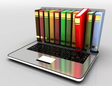 e-öğrenme kavramı. dizüstü bilgisayar ve kitaplar.3d illüstrasyon
