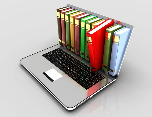 Koncepcji eLearning. laptop i książki. ilustracja 3D — Zdjęcie stockowe