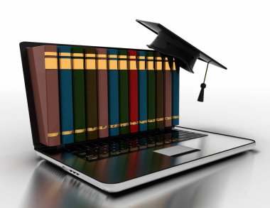 Dizüstü bilgisayar da kitap ve mezuniyet kapağı- e-öğrenme 3d kavramı. 3d il