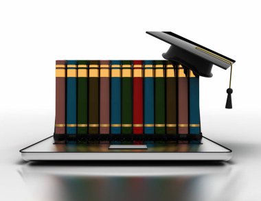 Dizüstü bilgisayar da kitap ve mezuniyet kapağı- e-öğrenme 3d kavramı. 3d il
