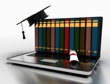 Dizüstü bilgisayar da kitap ve mezuniyet kapağı- e-öğrenme 3d kavramı. 3d il