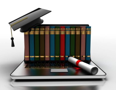 Dizüstü bilgisayar da kitap ve mezuniyet kapağı- e-öğrenme 3d kavramı. 3d il