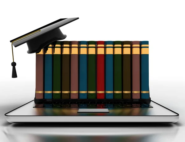 Livres et casquette de graduation sur portable e-learning concept 3d. 3D il — Photo