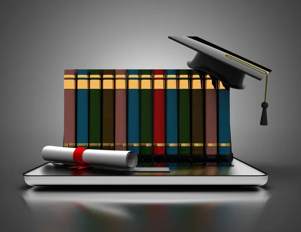 Livros e boné de graduação em laptop- e-learning 3d conceito. Il 3D — Fotografia de Stock