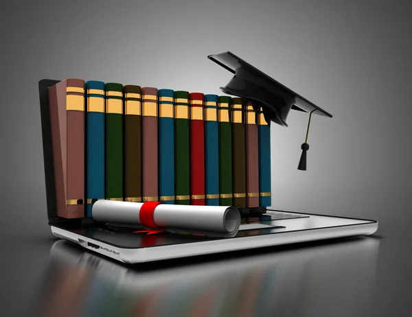 Livres et casquette de graduation sur portable e-learning concept 3d. 3D il — Photo